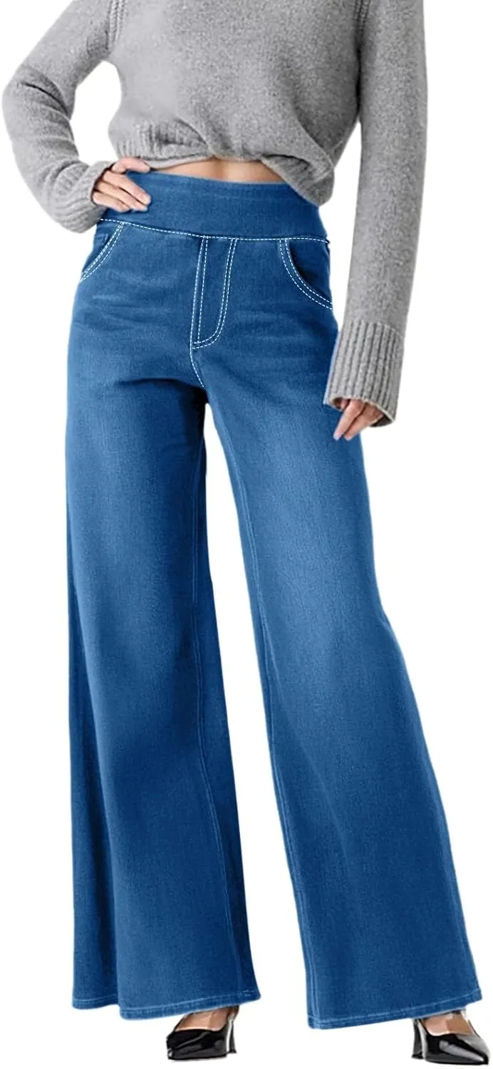 Women's Wide Leg Jeans Trendy Stretchy High Rise Elastic Waistband Pull On Jeans Baggy Loose Denim Pants with Pockets