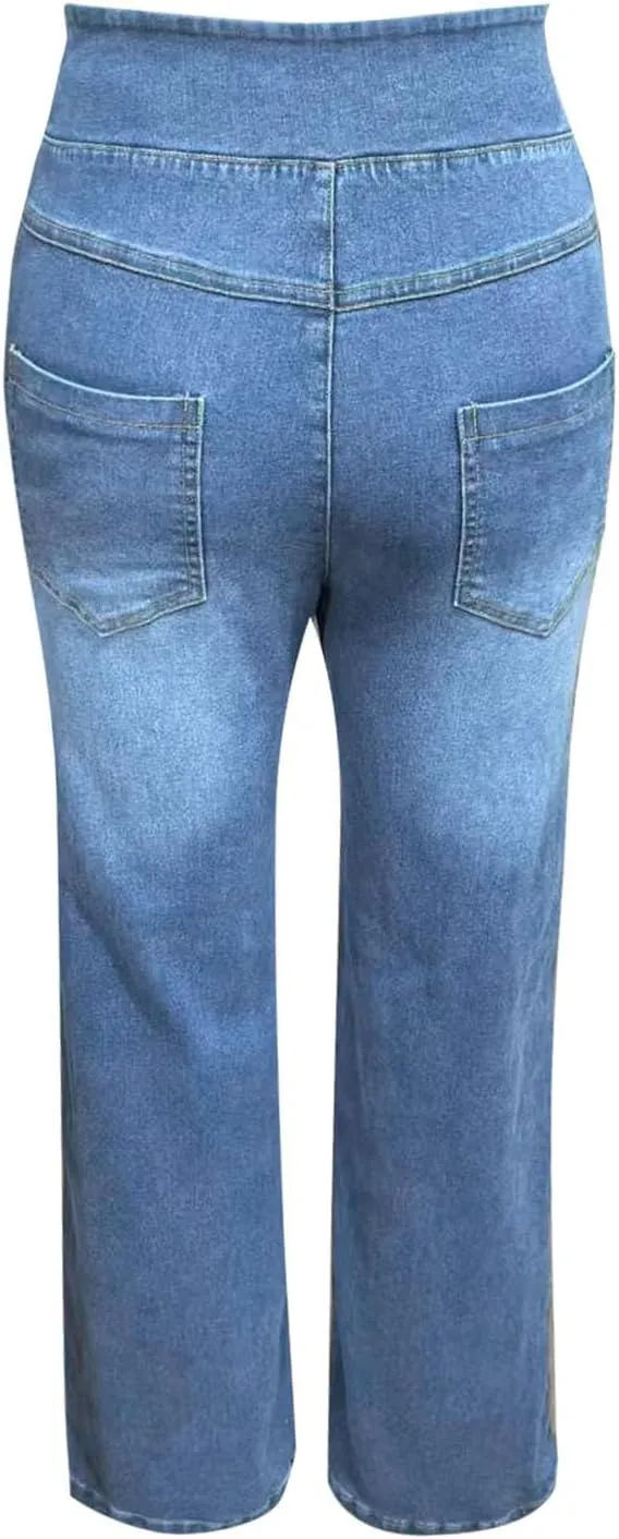 Women's Wide Leg Jeans Trendy Stretchy High Rise Elastic Waistband Pull On Jeans Baggy Loose Denim Pants with Pockets