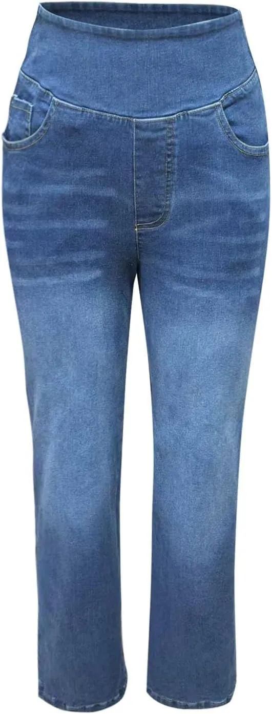 Women's Wide Leg Jeans Trendy Stretchy High Rise Elastic Waistband Pull On Jeans Baggy Loose Denim Pants with Pockets