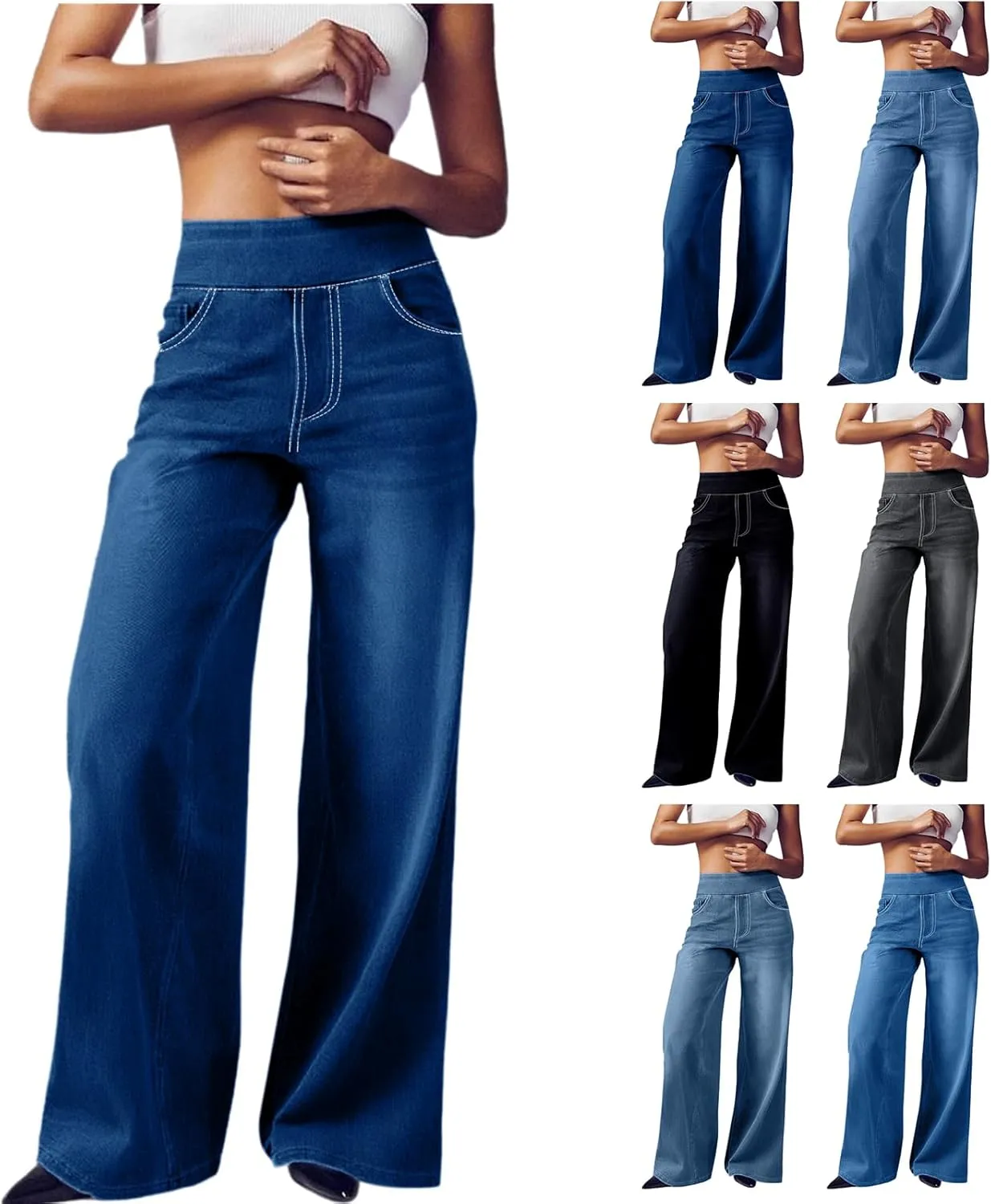Women's Wide Leg Jeans Trendy Stretchy High Rise Elastic Waistband Pull On Jeans Baggy Loose Denim Pants with Pockets