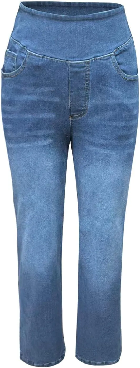 Women's Wide Leg Jeans Trendy Stretchy High Rise Elastic Waistband Pull On Jeans Baggy Loose Denim Pants with Pockets
