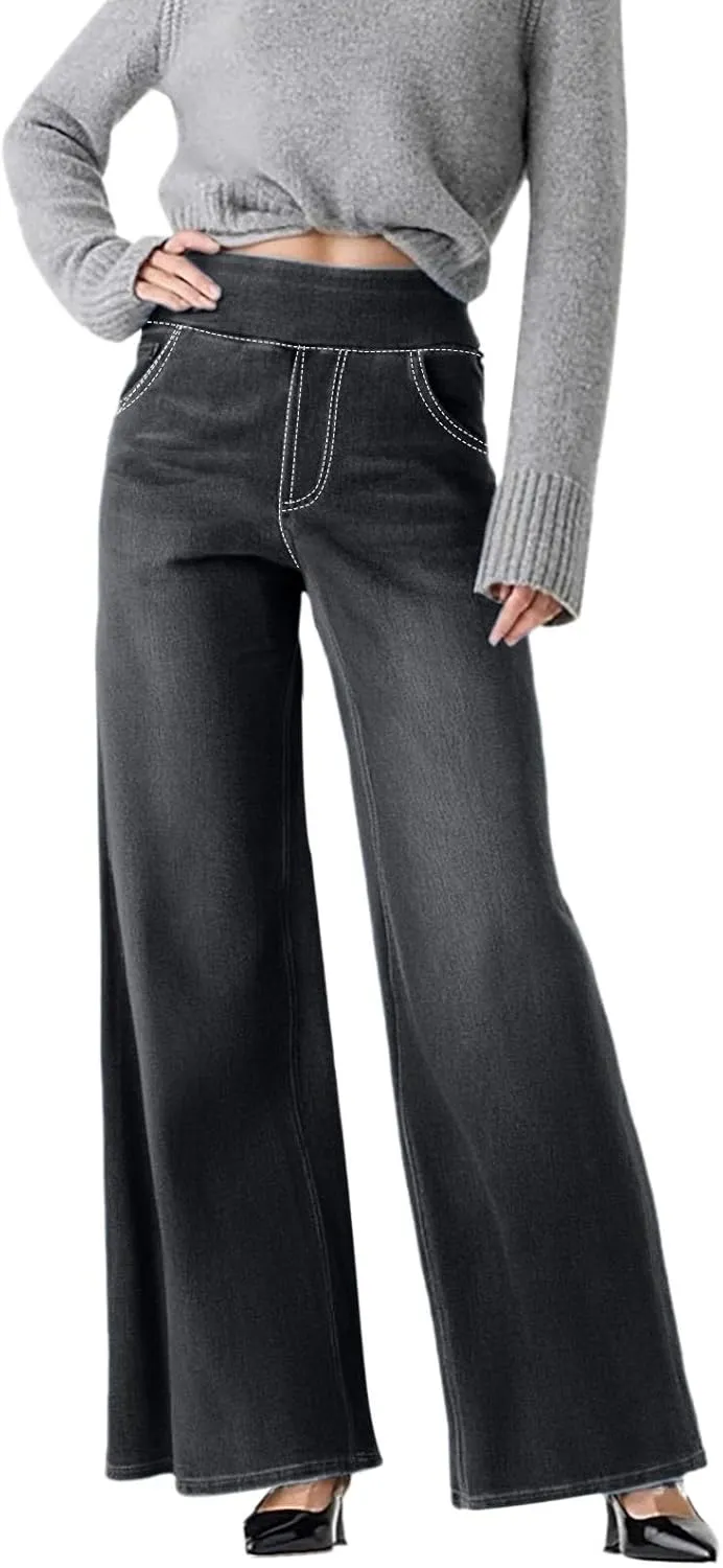Women's Wide Leg Jeans Trendy Stretchy High Rise Elastic Waistband Pull On Jeans Baggy Loose Denim Pants with Pockets