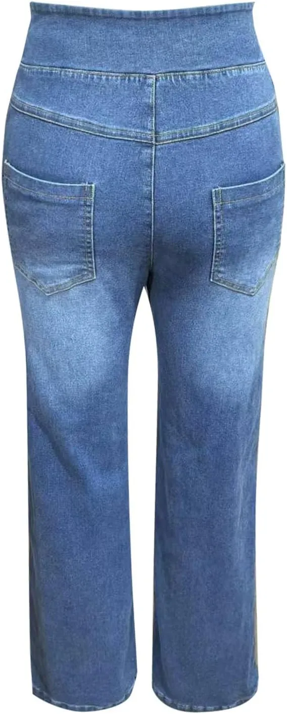 Women's Wide Leg Jeans Trendy Stretchy High Rise Elastic Waistband Pull On Jeans Baggy Loose Denim Pants with Pockets