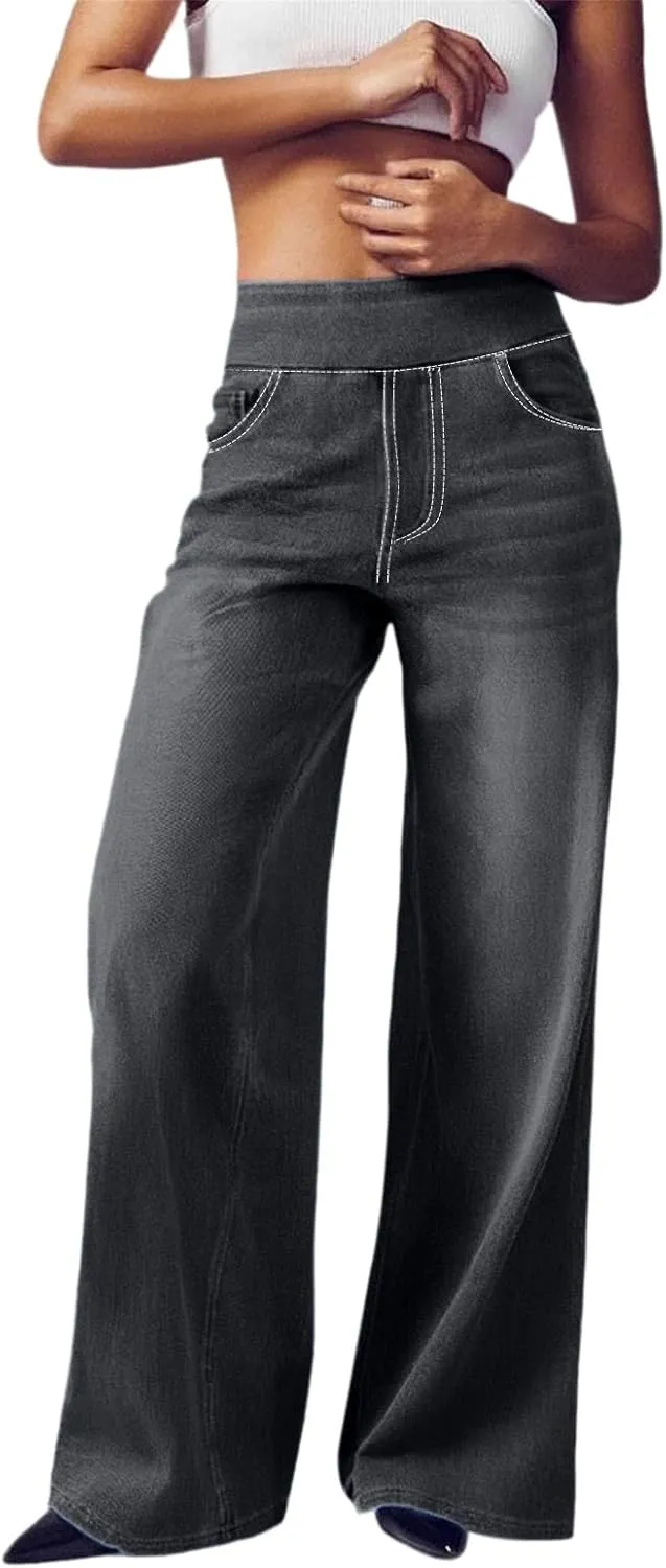 Women's Wide Leg Jeans Trendy Stretchy High Rise Elastic Waistband Pull On Jeans Baggy Loose Denim Pants with Pockets