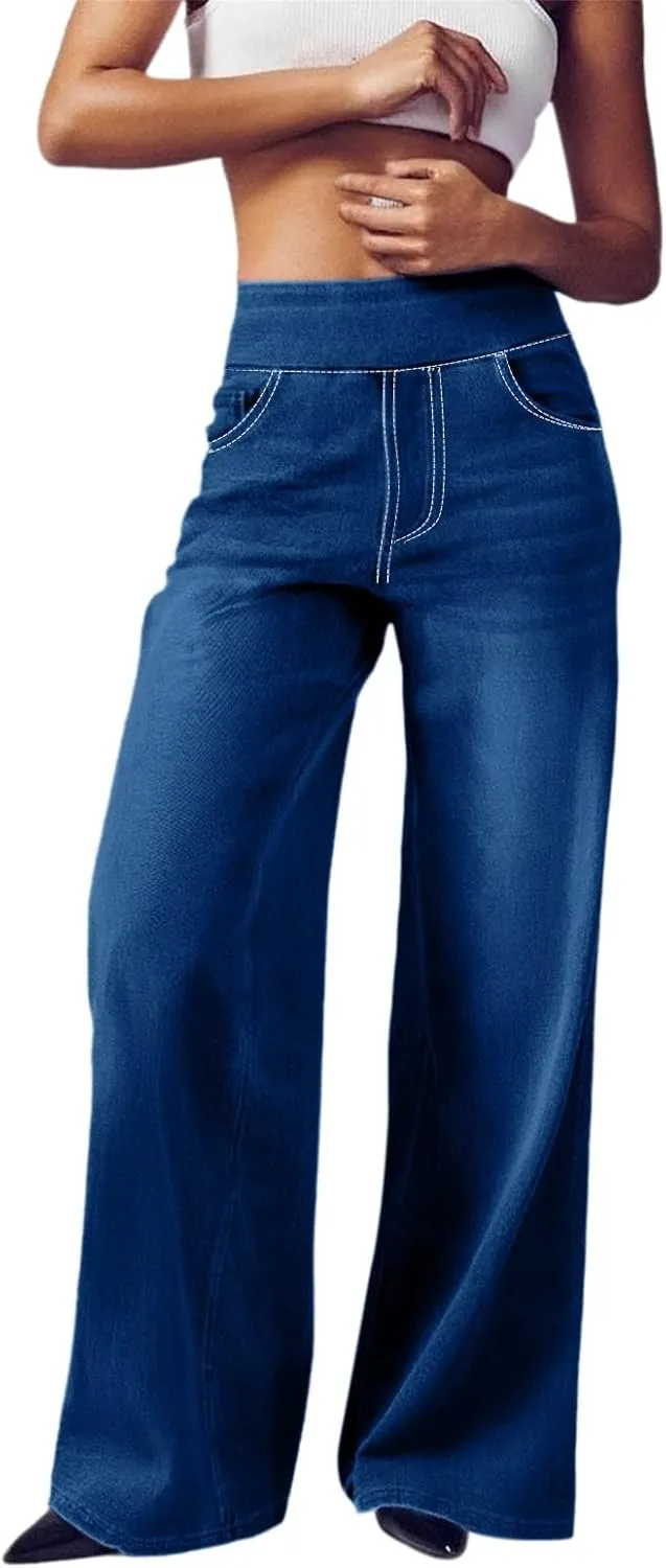 Women's Wide Leg Jeans Trendy Stretchy High Rise Elastic Waistband Pull On Jeans Baggy Loose Denim Pants with Pockets