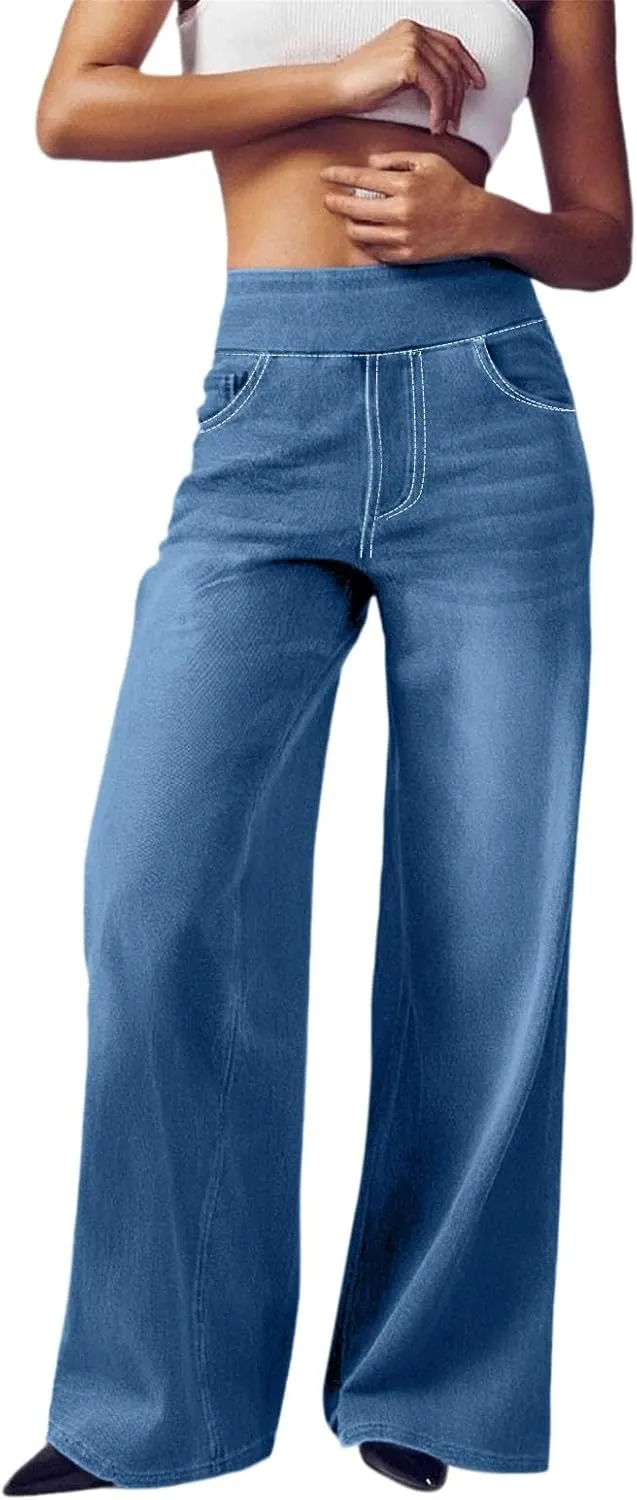 Women's Wide Leg Jeans Trendy Stretchy High Rise Elastic Waistband Pull On Jeans Baggy Loose Denim Pants with Pockets