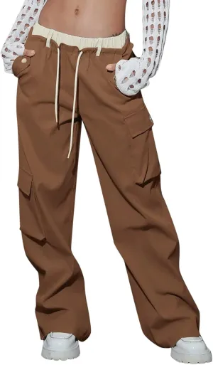 Women's Y2k Cargo Pants Casual Straight Leg High Rise Baggy Joggers Trousers with Multiple Pockets Streetwear