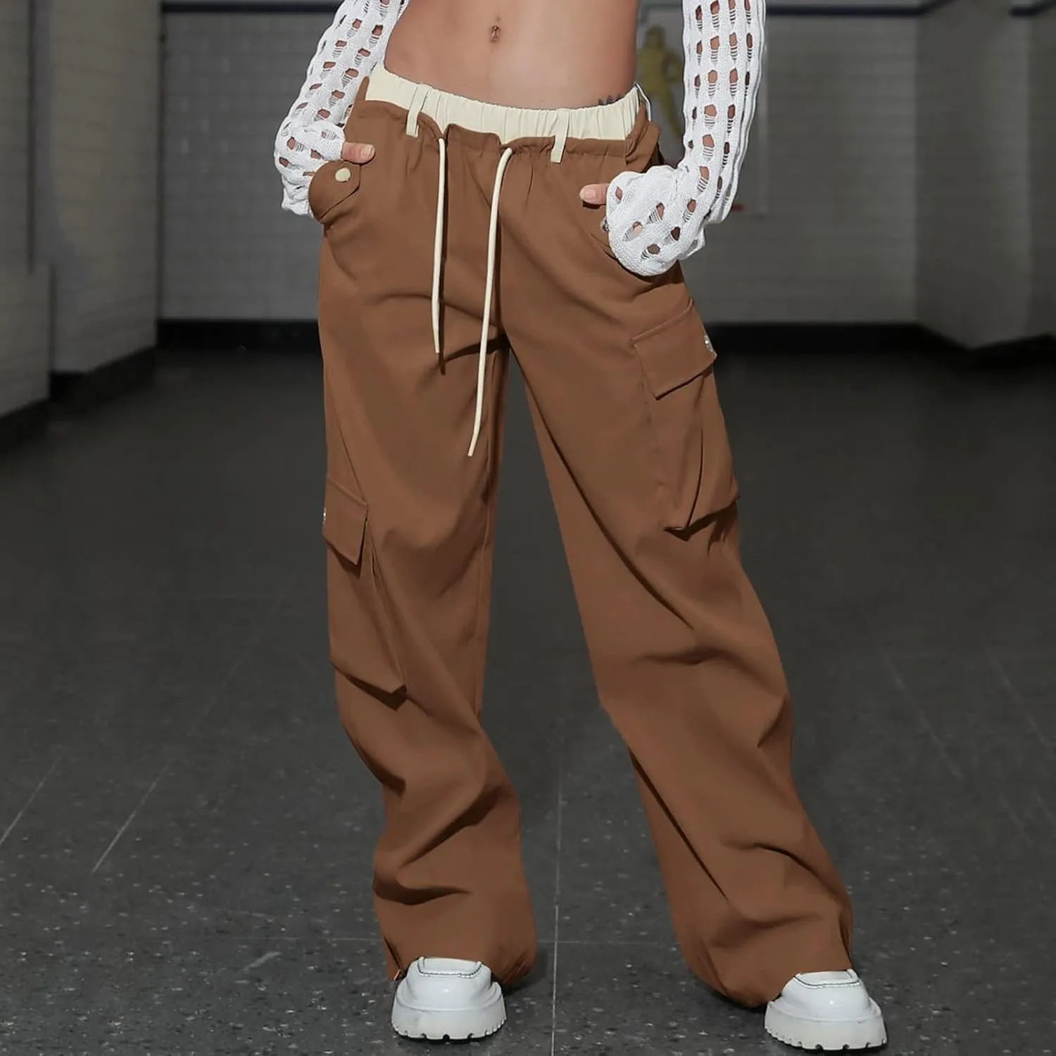 Women's Y2k Cargo Pants Casual Straight Leg High Rise Baggy Joggers Trousers with Multiple Pockets Streetwear