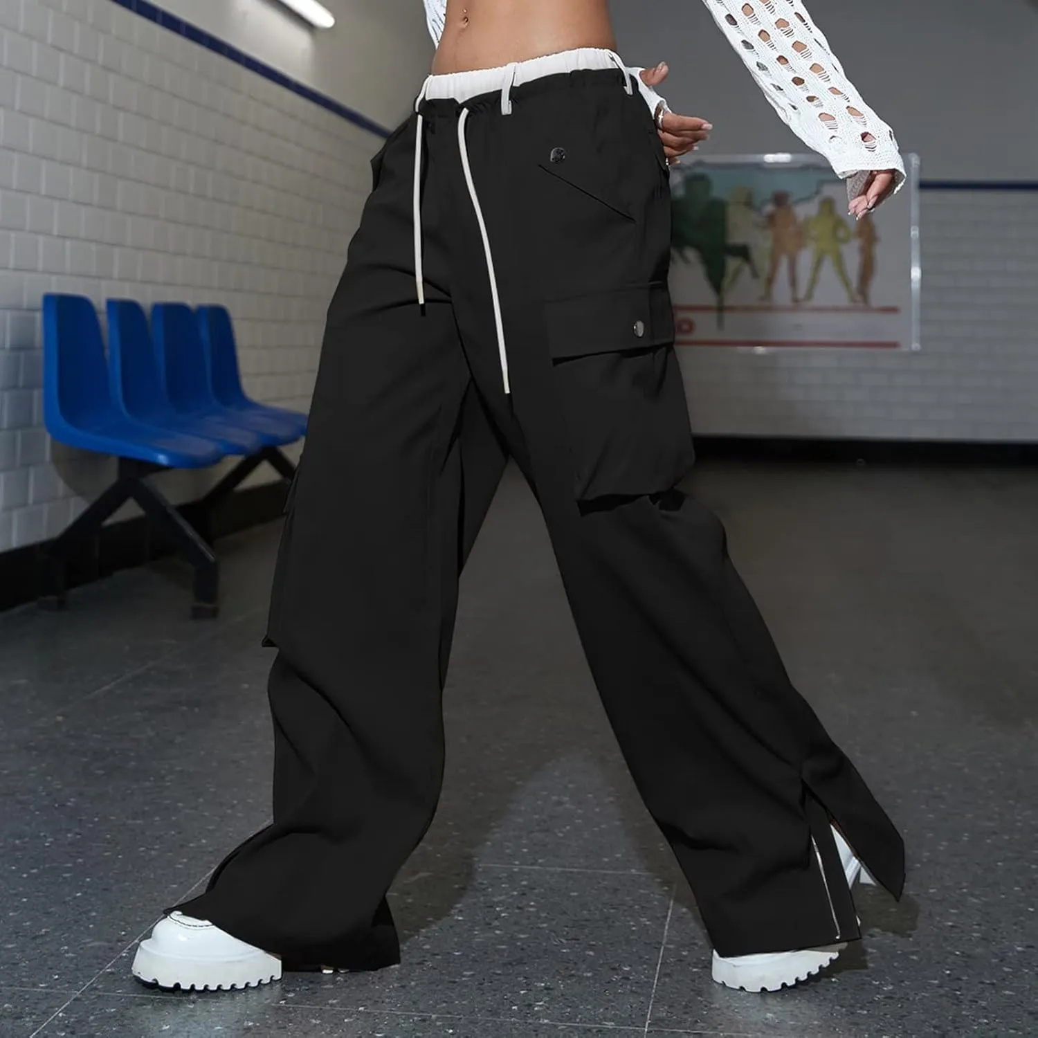Women's Y2k Cargo Pants Casual Straight Leg High Rise Baggy Joggers Trousers with Multiple Pockets Streetwear