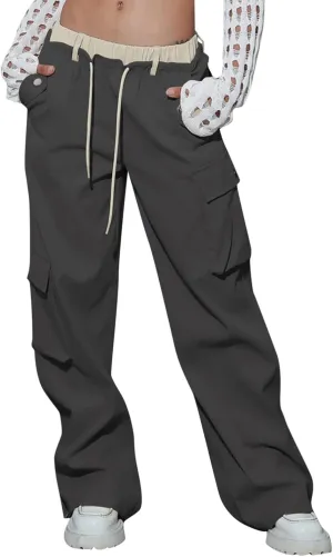 Women's Y2k Cargo Pants Casual Straight Leg High Rise Baggy Joggers Trousers with Multiple Pockets Streetwear