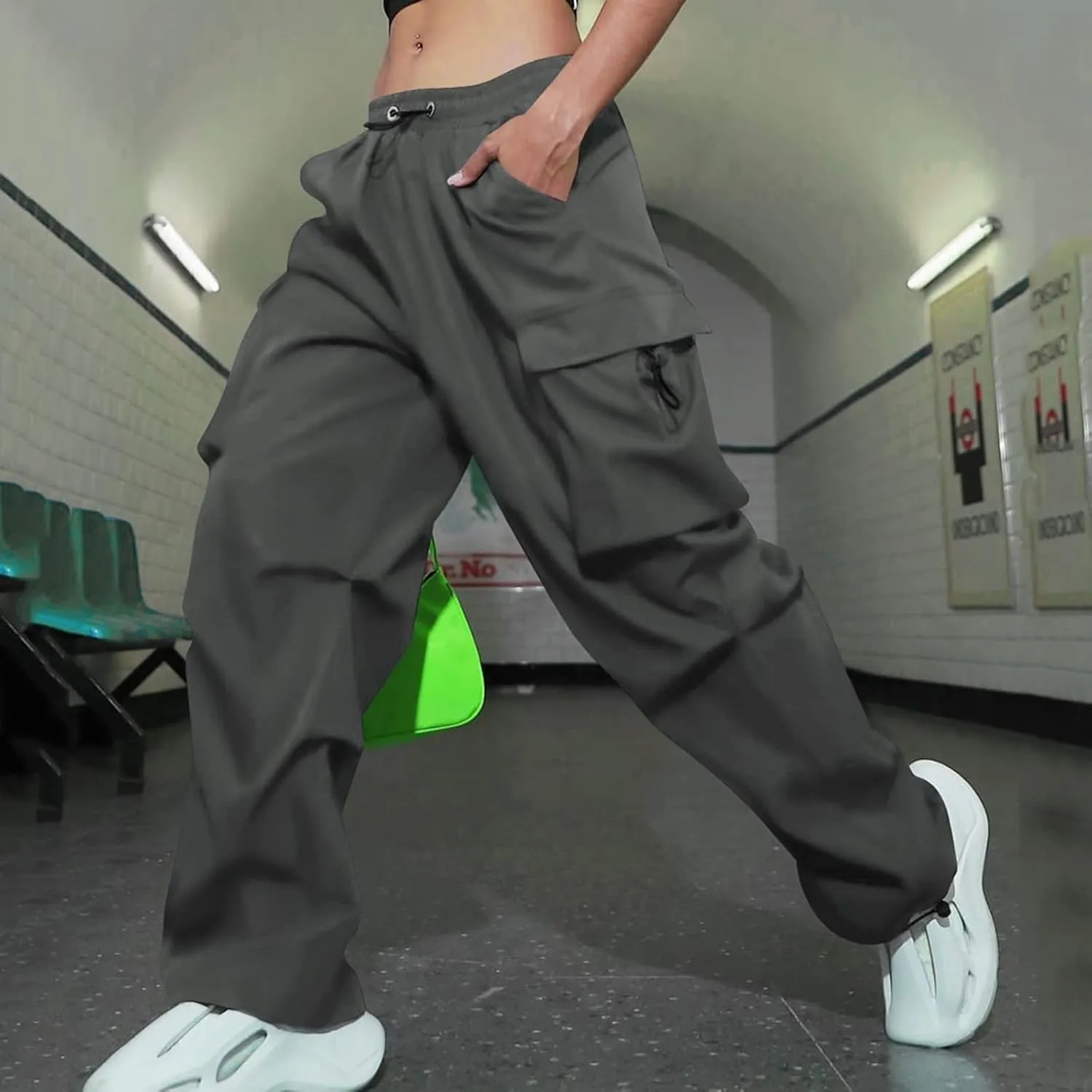 Women's Y2k Cargo Pants Casual Straight Leg High Rise Baggy Joggers Trousers with Multiple Pockets Streetwear