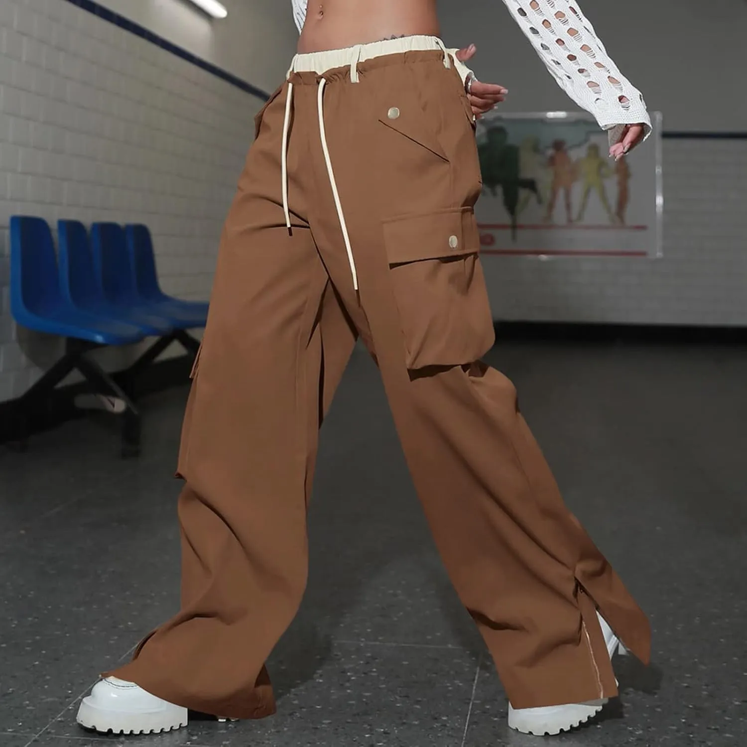 Women's Y2k Cargo Pants Casual Straight Leg High Rise Baggy Joggers Trousers with Multiple Pockets Streetwear