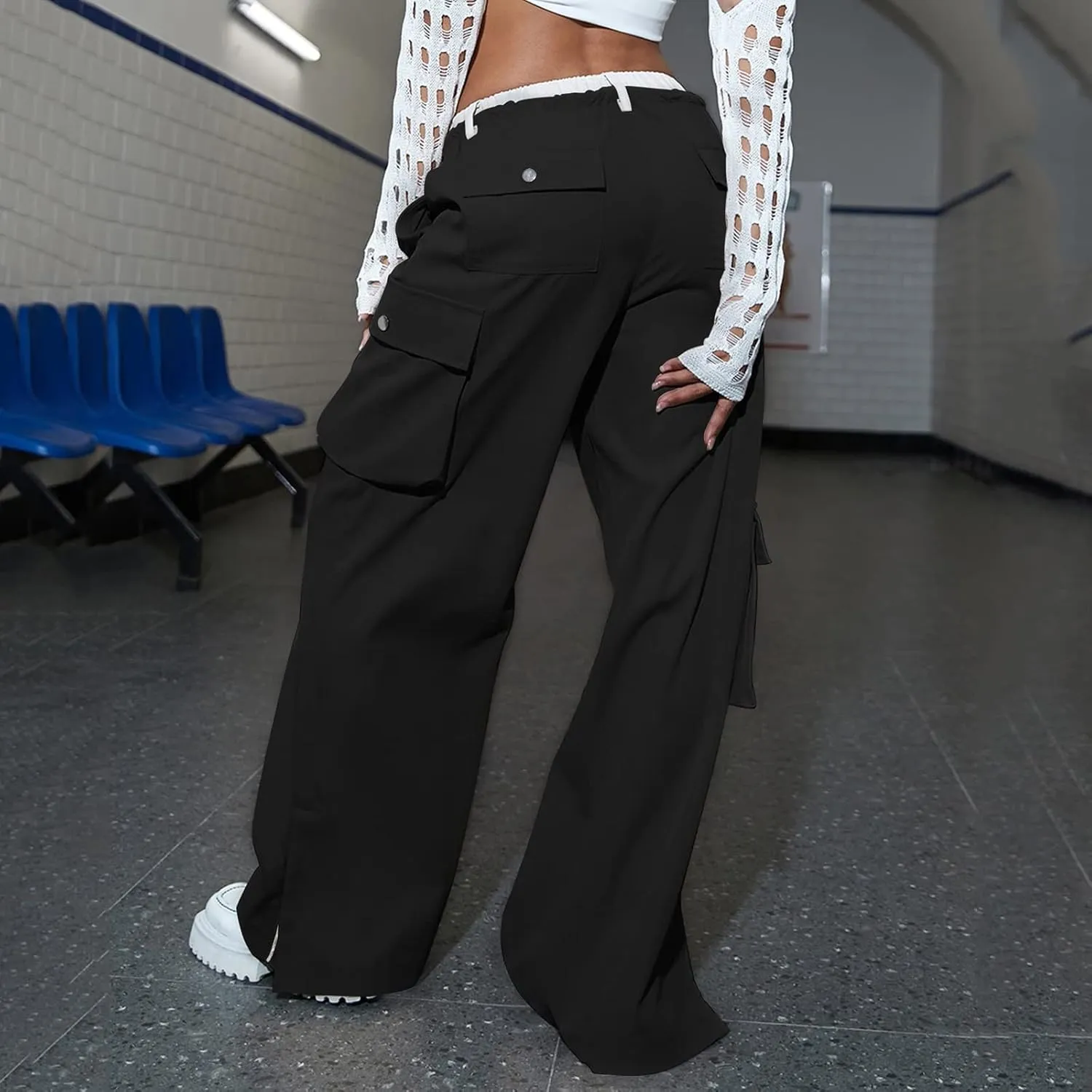 Women's Y2k Cargo Pants Casual Straight Leg High Rise Baggy Joggers Trousers with Multiple Pockets Streetwear