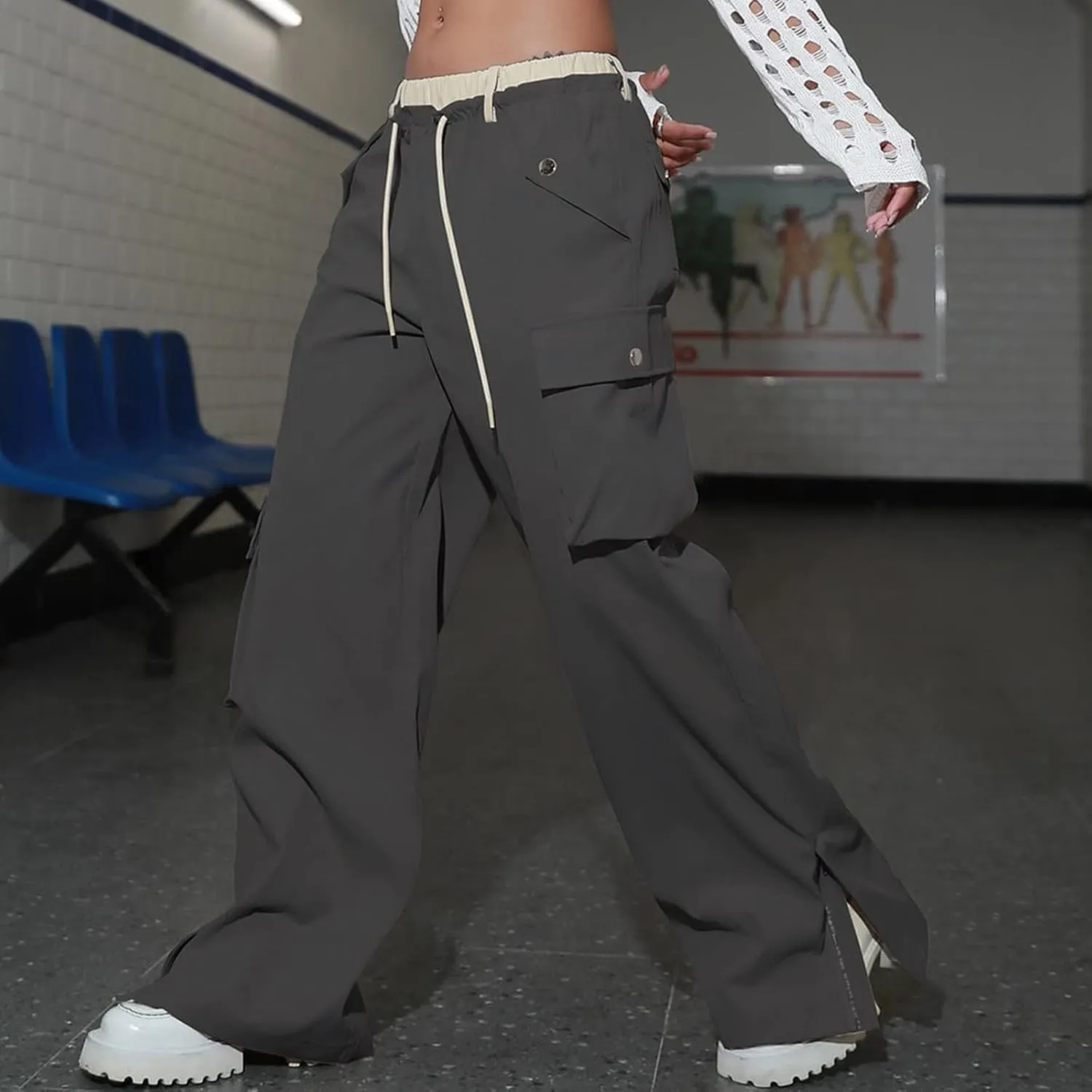 Women's Y2k Cargo Pants Casual Straight Leg High Rise Baggy Joggers Trousers with Multiple Pockets Streetwear