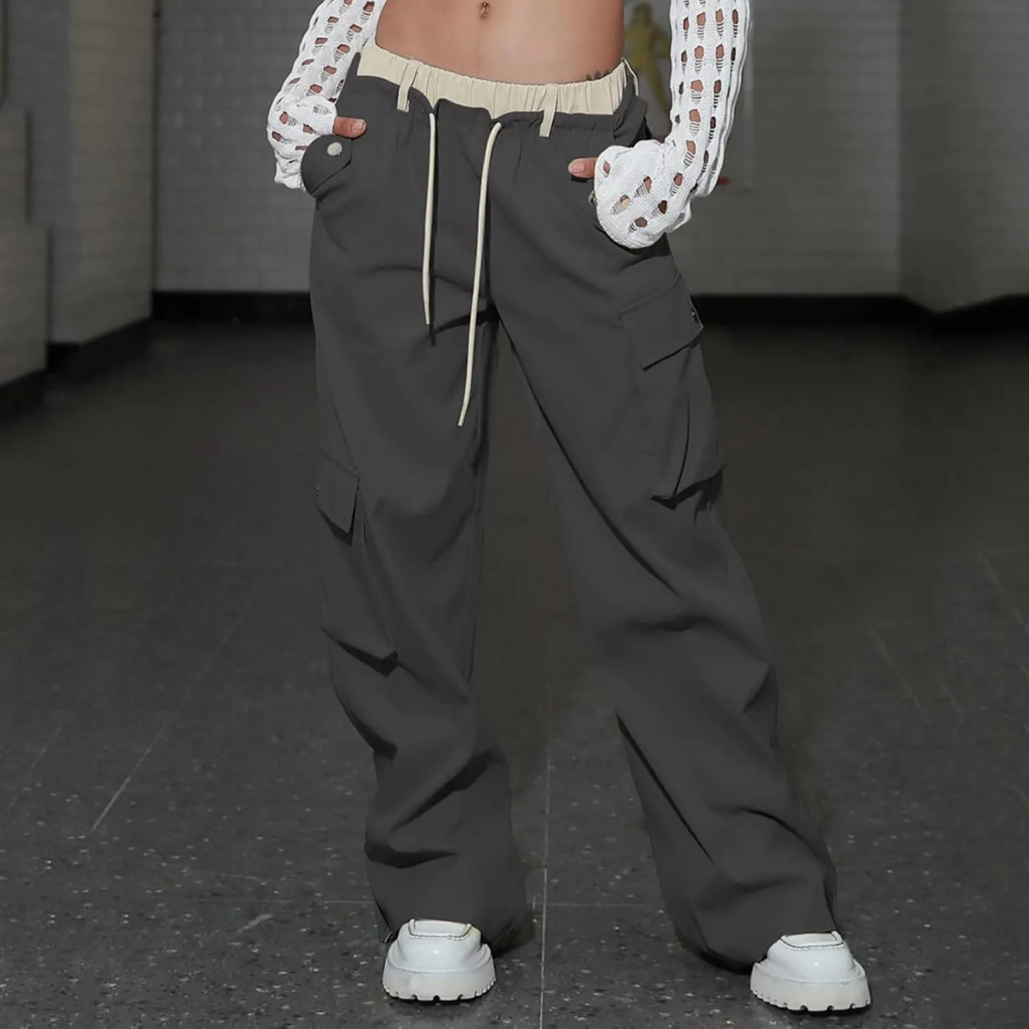Women's Y2k Cargo Pants Casual Straight Leg High Rise Baggy Joggers Trousers with Multiple Pockets Streetwear