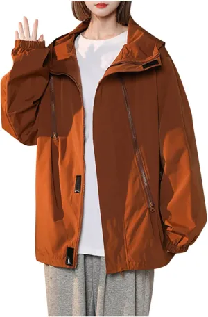 Women'sCasual Loose Zipper Hooded Jackets Fashion 2024 Solid Long Sleeve Windproof Trendy Stand Collar Jacket Coats