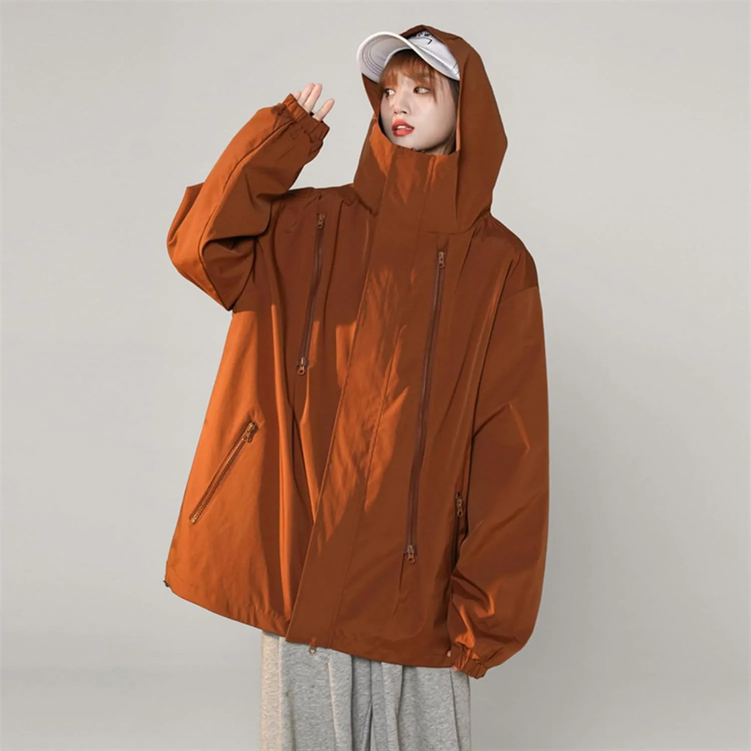 Women'sCasual Loose Zipper Hooded Jackets Fashion 2024 Solid Long Sleeve Windproof Trendy Stand Collar Jacket Coats