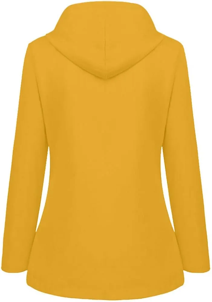 Women'sLong Sleeve Trench Jacket Fashion 2024 Solid With Button Outdoor Raincoat Winter Comfy Hooded Windbreaker
