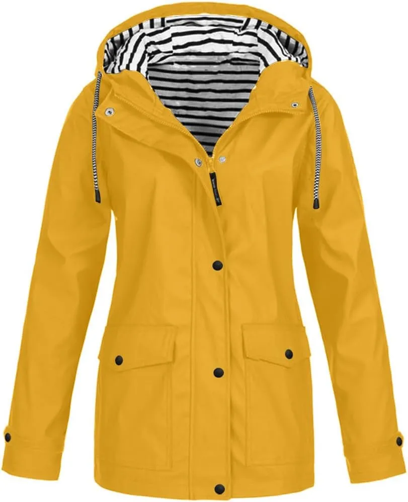 Women'sLong Sleeve Trench Jacket Fashion 2024 Solid With Button Outdoor Raincoat Winter Comfy Hooded Windbreaker
