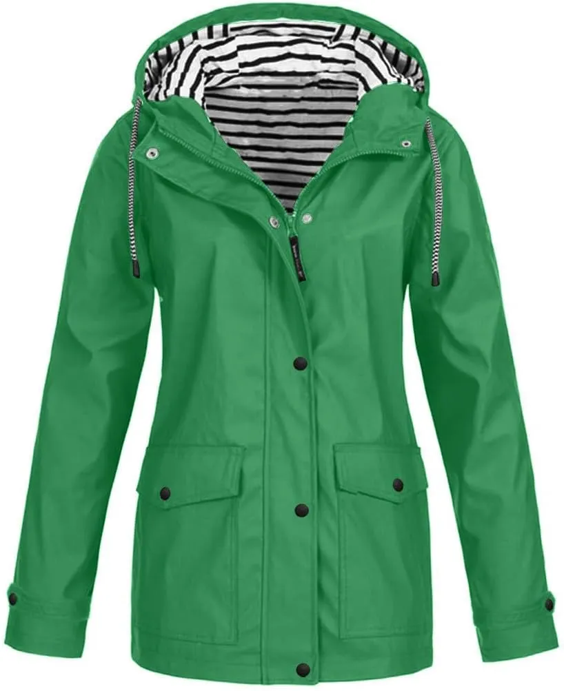 Women'sLong Sleeve Trench Jacket Fashion 2024 Solid With Button Outdoor Raincoat Winter Comfy Hooded Windbreaker