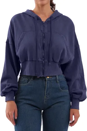 Xintianji Retro Vintage Crop Hoodie for Women - Lightweight Long Sleeve Zip Up Pullover Sweatshirts with Pockets