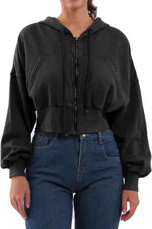 Xintianji Retro Vintage Crop Hoodie for Women - Lightweight Long Sleeve Zip Up Pullover Sweatshirts with Pockets