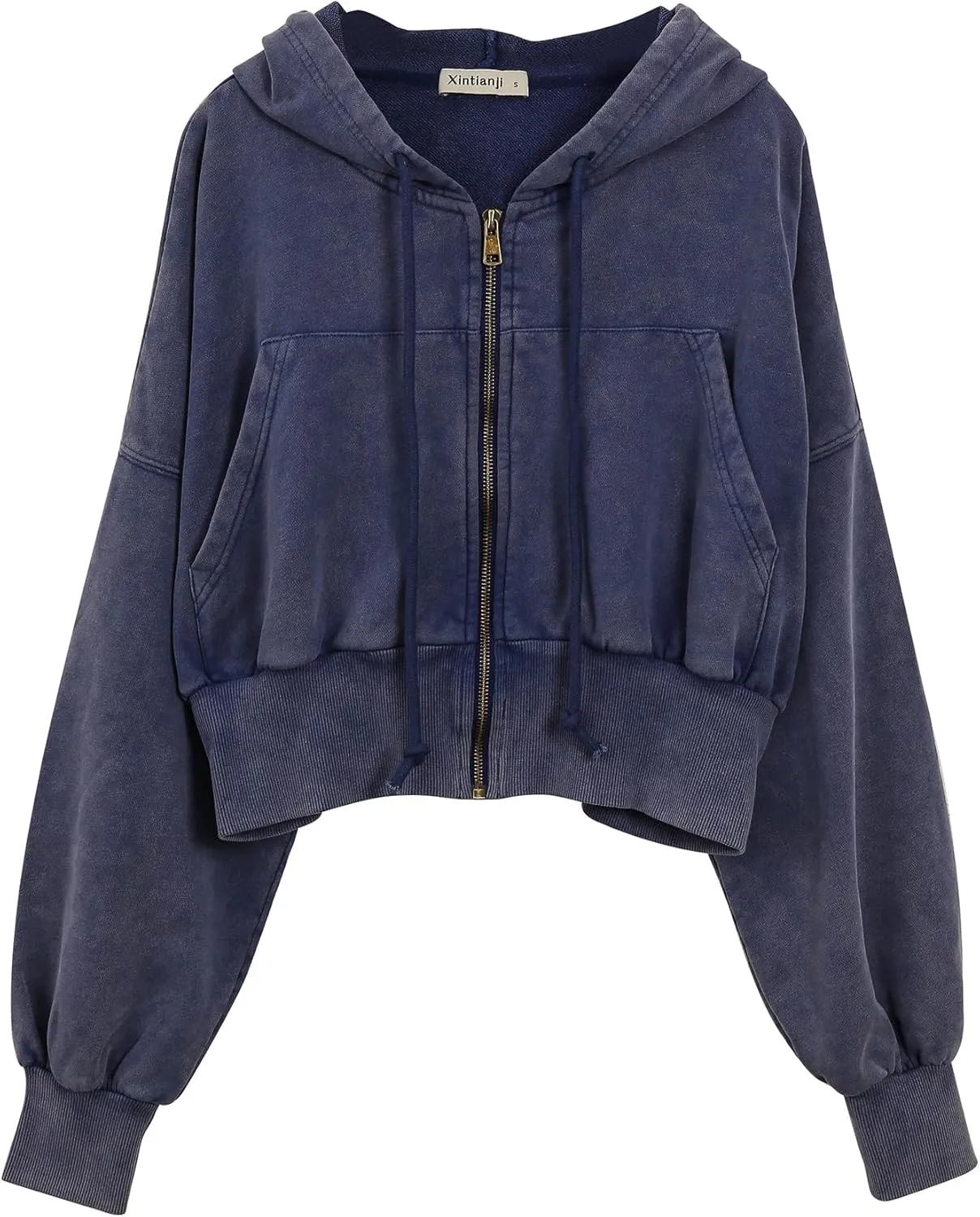 Xintianji Retro Vintage Crop Hoodie for Women - Lightweight Long Sleeve Zip Up Pullover Sweatshirts with Pockets
