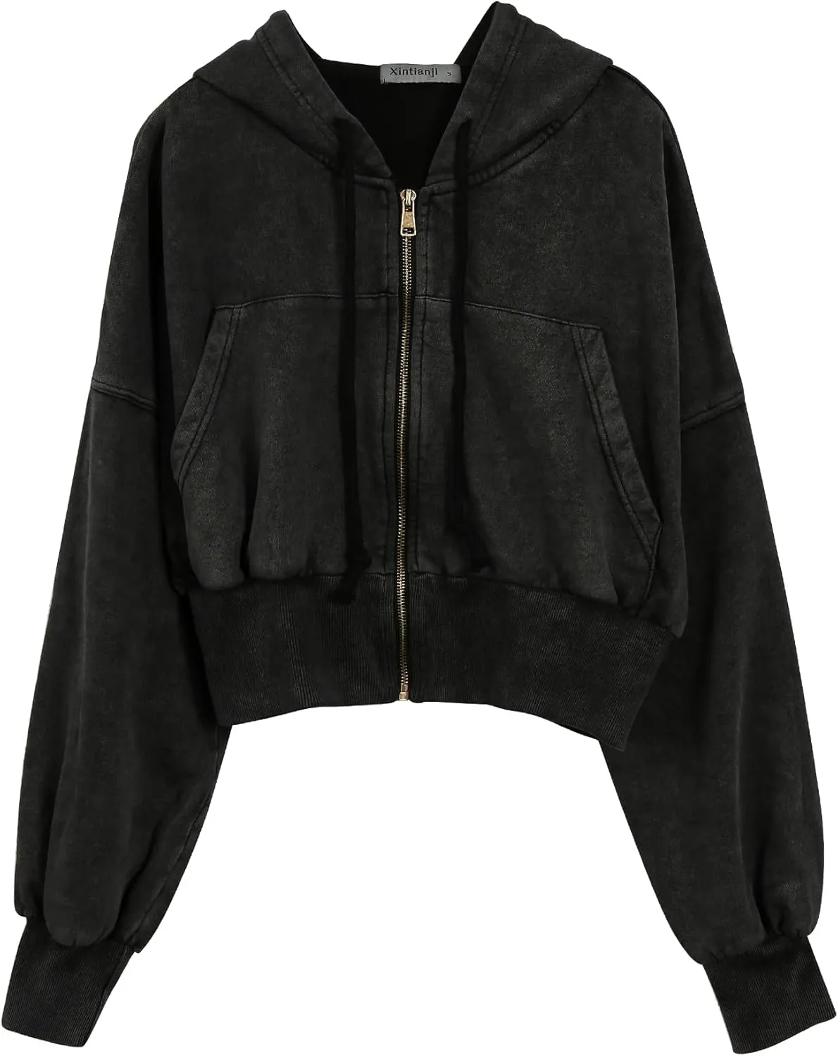 Xintianji Retro Vintage Crop Hoodie for Women - Lightweight Long Sleeve Zip Up Pullover Sweatshirts with Pockets
