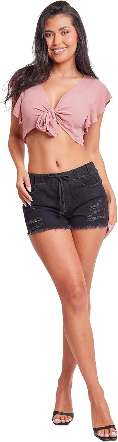 YMI Women's Dream High Rise Jean Joggers Shorts with Tie