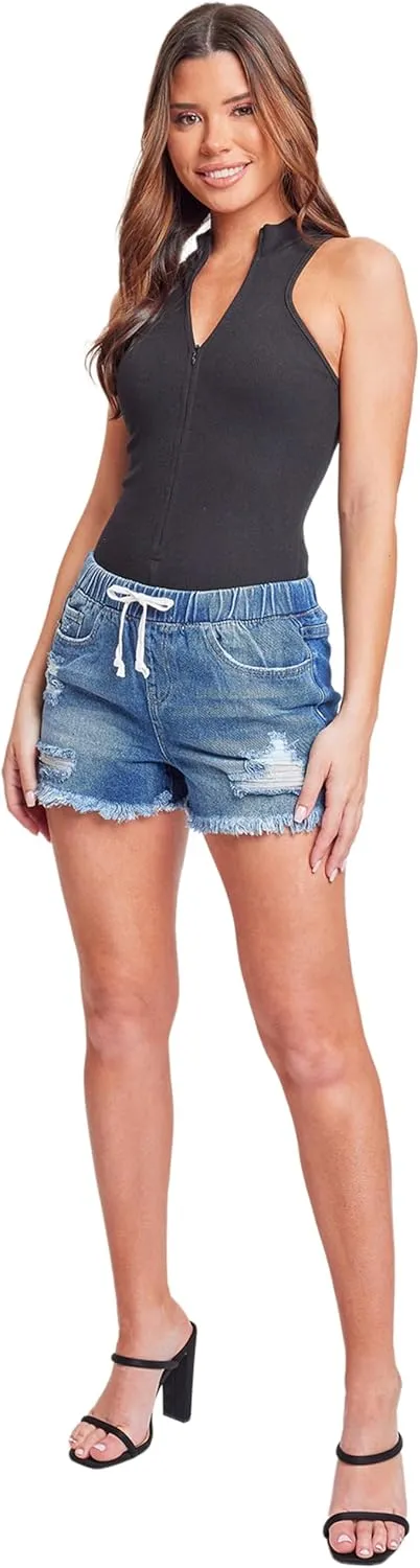 YMI Women's Dream High Rise Jean Joggers Shorts with Tie