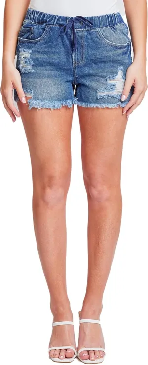 YMI Women's Dream High Rise Jean Joggers Shorts with Tie