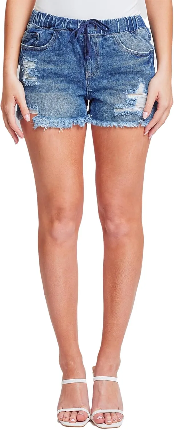 YMI Women's Dream High Rise Jean Joggers Shorts with Tie
