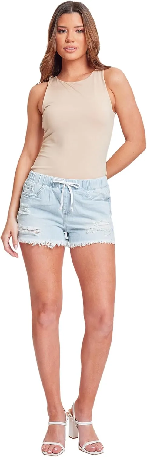 YMI Women's Dream High Rise Jean Joggers Shorts with Tie