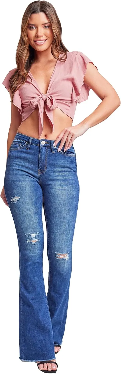 YMI Womens High-Rise Flare Jean with Frayed Hem