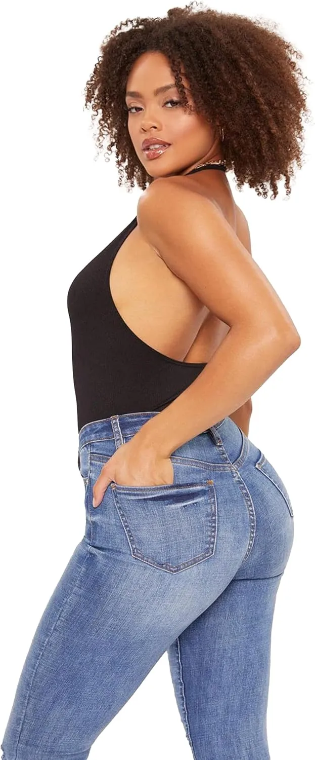 YMI Womens High-Rise Flare Jean with Frayed Hem