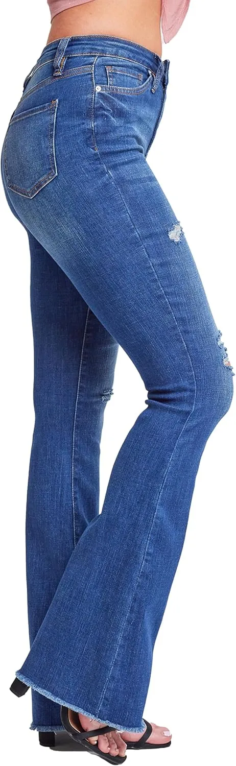 YMI Womens High-Rise Flare Jean with Frayed Hem