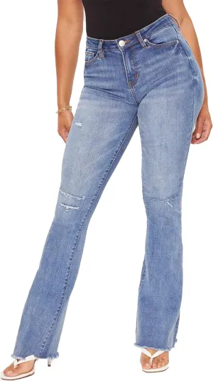 YMI Womens High-Rise Flare Jean with Frayed Hem