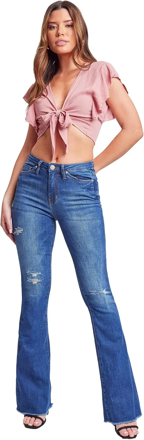 YMI Womens High-Rise Flare Jean with Frayed Hem