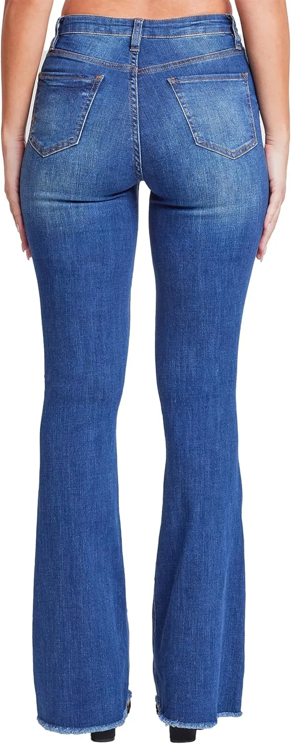 YMI Womens High-Rise Flare Jean with Frayed Hem