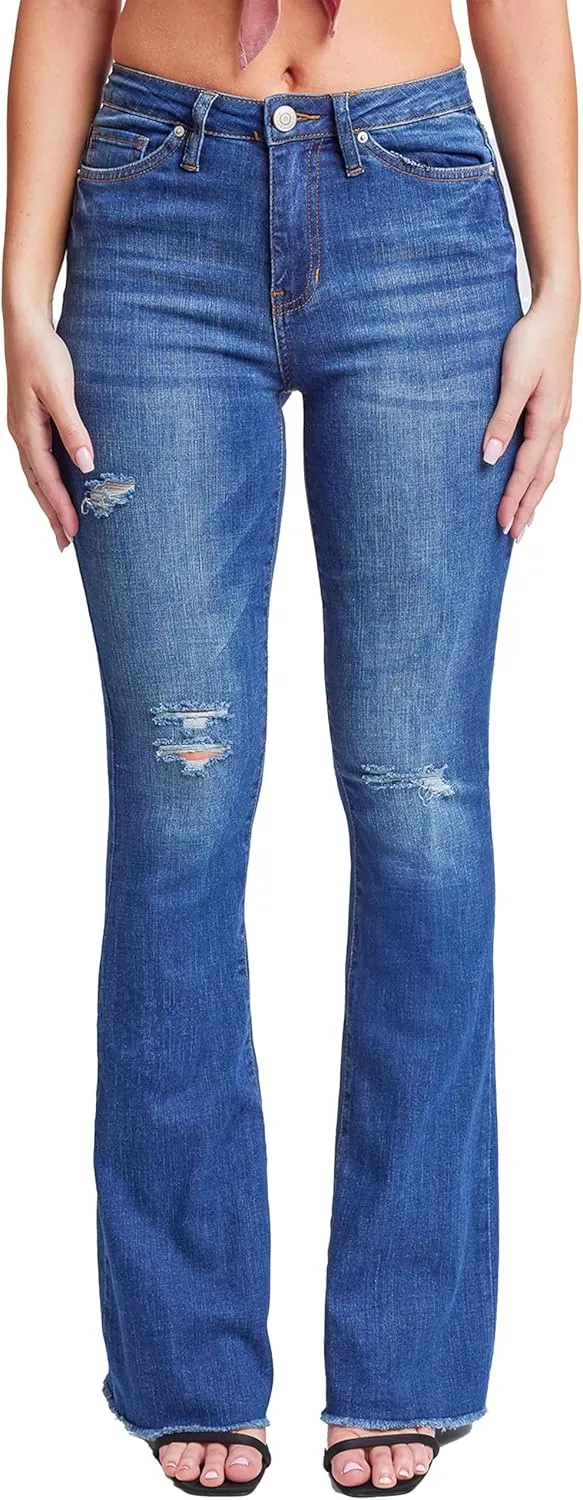 YMI Womens High-Rise Flare Jean with Frayed Hem