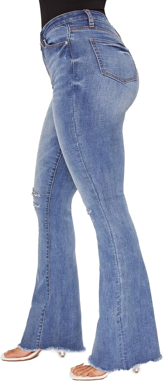 YMI Womens High-Rise Flare Jean with Frayed Hem
