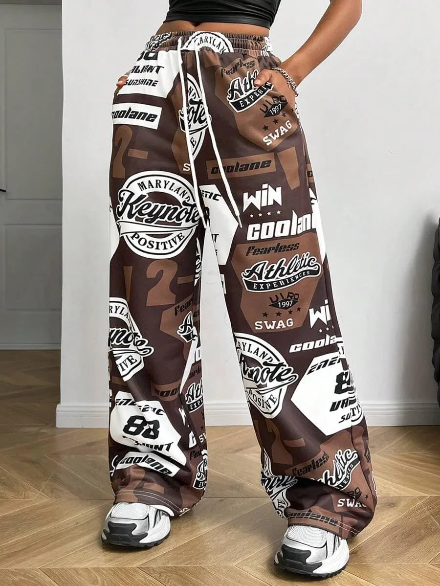 ZAFUL Women's Joggers Graphics Lounge Straight Leg Pants Elastic Waistband Trousers
