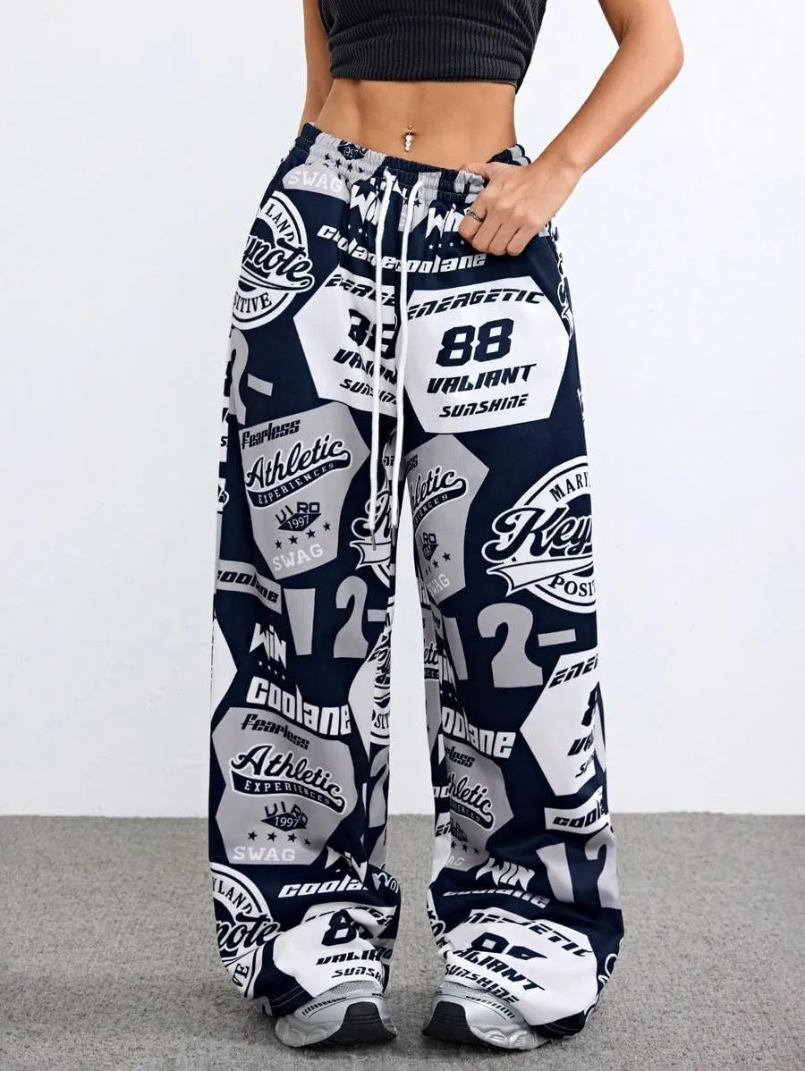 ZAFUL Women's Joggers Graphics Lounge Straight Leg Pants Elastic Waistband Trousers
