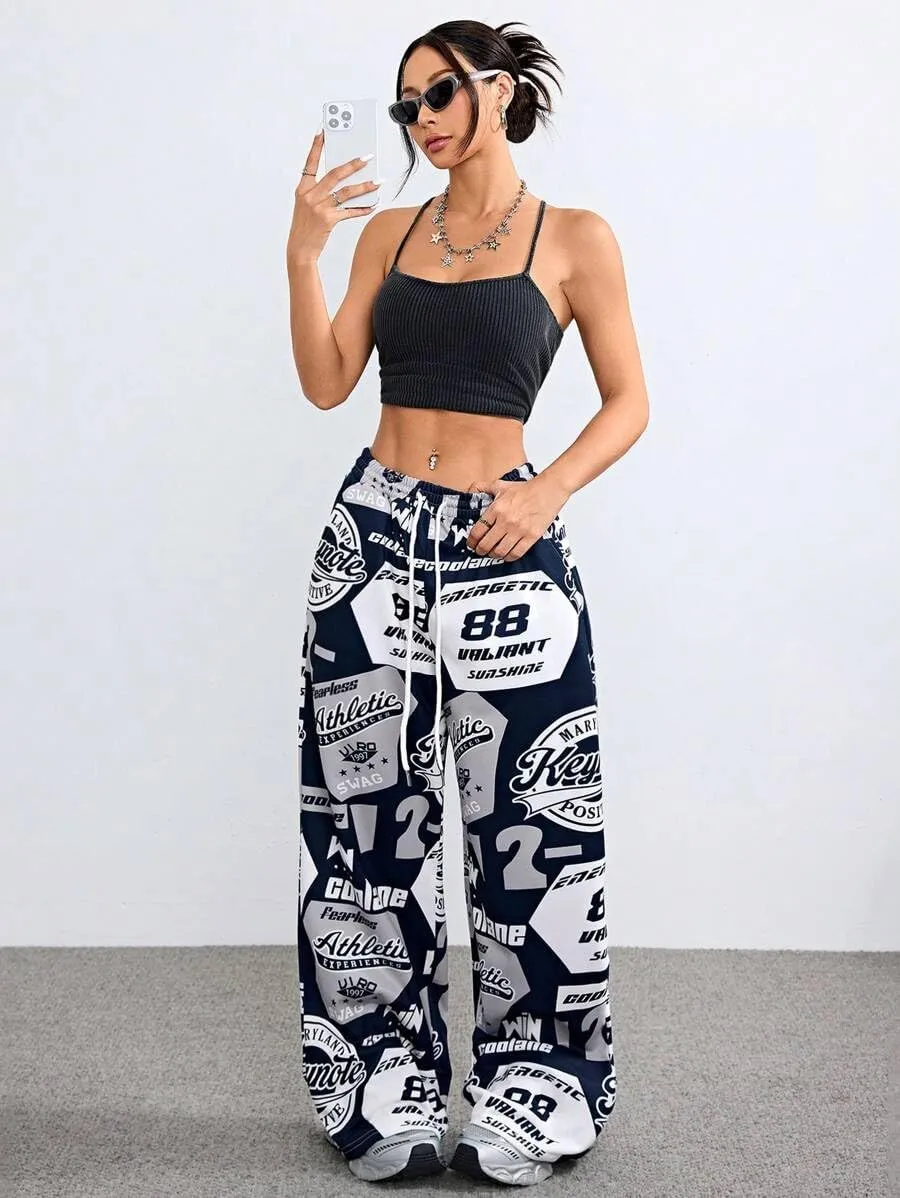 ZAFUL Women's Joggers Graphics Lounge Straight Leg Pants Elastic Waistband Trousers