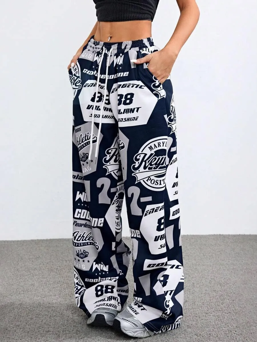 ZAFUL Women's Joggers Graphics Lounge Straight Leg Pants Elastic Waistband Trousers