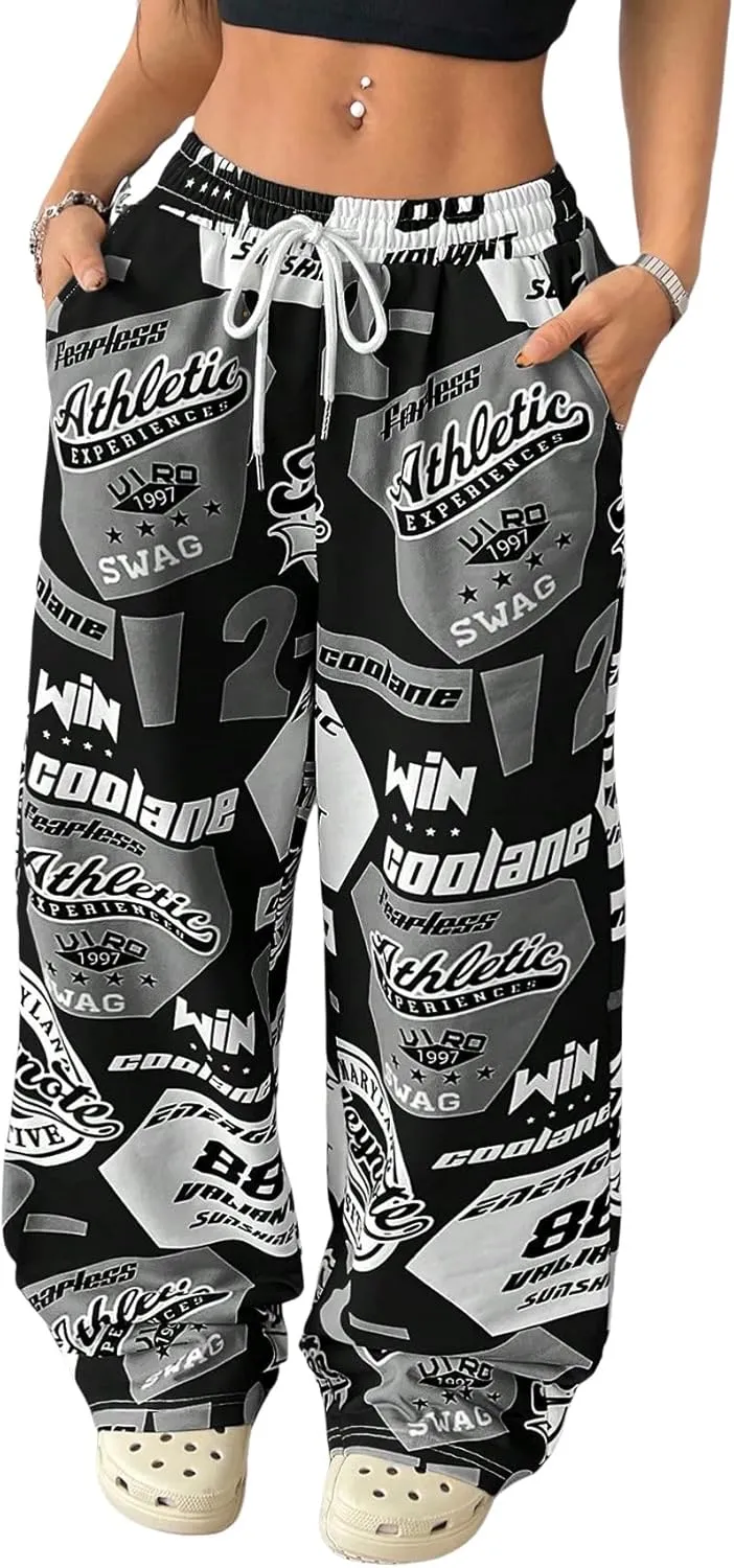 ZAFUL Women's Joggers Graphics Lounge Straight Leg Pants Elastic Waistband Trousers