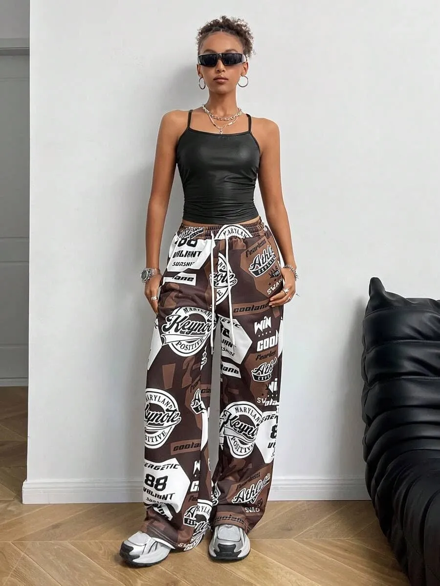 ZAFUL Women's Joggers Graphics Lounge Straight Leg Pants Elastic Waistband Trousers
