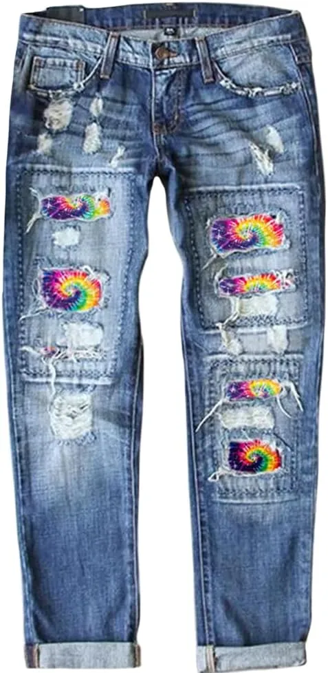 ZOCAVIA Womens Ripped Denim Pants Plus Size Casual Stretch Skinny High Waist Washed Jeans Patched Patchwork Denim Jeans