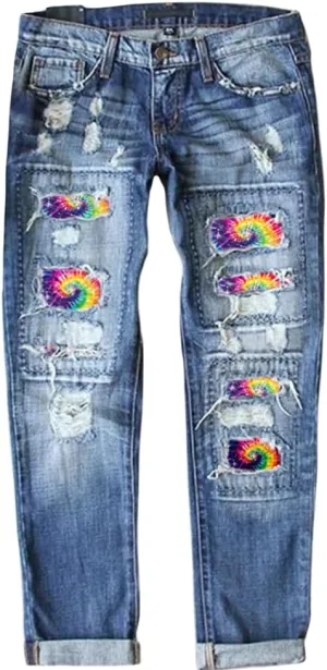 ZOCAVIA Womens Ripped Denim Pants Plus Size Casual Stretch Skinny High Waist Washed Jeans Patched Patchwork Denim Jeans